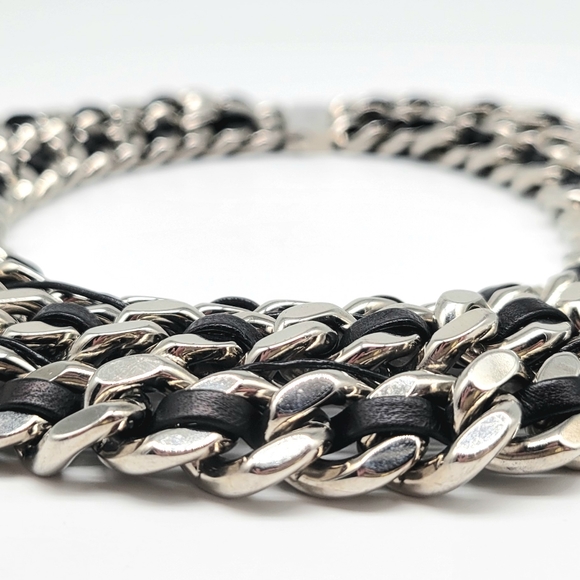 Yves Saint Laurent HEAVY Triple Curb Chain Statement Necklace w Leather Inlay - Picture 5 of 13